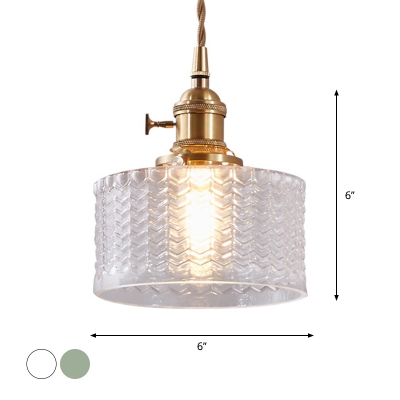 Wavy Glass Clear/Green Hanging Lamp Cylindrical Single Transitional Pendant Light Fixture