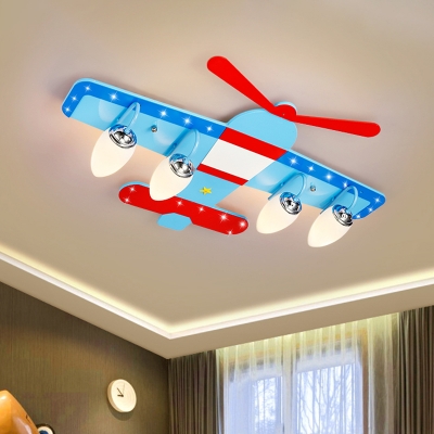Wooden Plane Ceiling Light Kid 3/4-Head Blue Flush Mount Lighting in Warm/White Light for Boys Room