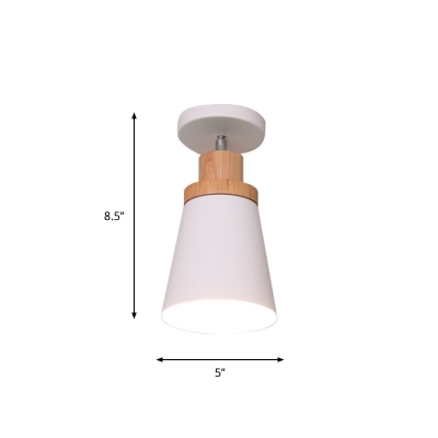 1 Bulb Foyer Semi Flush Light Macaron Dark Grey/Green/White-Wood Adjustable Ceiling Fixture with Bottle/Horn/Cylinder Metal Shade