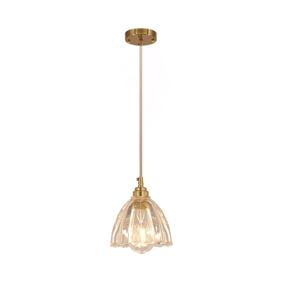 1-Light Ceiling Pendant Transitional Dining Room Hanging Light with Floral Clear Ribbed Glass Shade in Brass