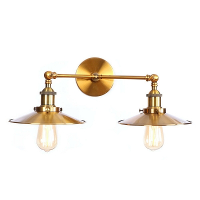 2 Bulbs Iron Wall Mount Lighting Farmhouse Brass Cone/Saucer Bedroom Swing Arm Wall Mounted Lamp