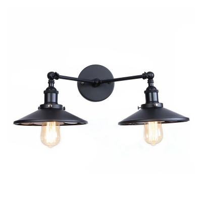 2 Heads Scalloped/Cone Wall Light Industrial Black Metallic Swing Arm Wall Mounted Lamp