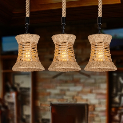 3-Light Cluster Pendant Light Countryside Bell Hand-Wrapped Rope Hanging Lamp in Brown