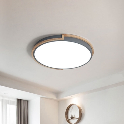 Bedroom LED Flush Mount Ceiling Light Macaron Grey/White/Pink and Wood Flushmount with Round Acrylic Shade