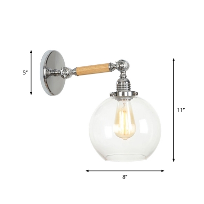 Bell/Globe Clear Glass Wall Lighting Lodge 1 Head Bedroom Task Wall Lamp with Swivelable Wood Arm in Chrome
