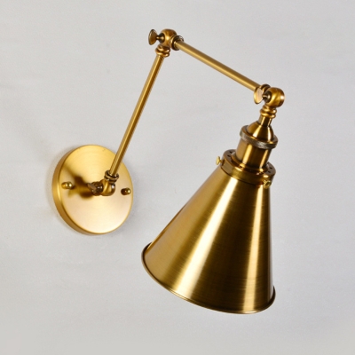 Brass Conical Pivot Shade Wall Light Industrial Metal Single-Bulb Bedside Reading Wall Lamp