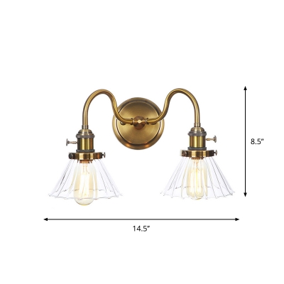 Brass Linear/Curved Arm Wall Lighting Ideas Industrial Iron 2 Bulbs Kitchen Wall Lamp with Cone/Ball Clear Glass Shade