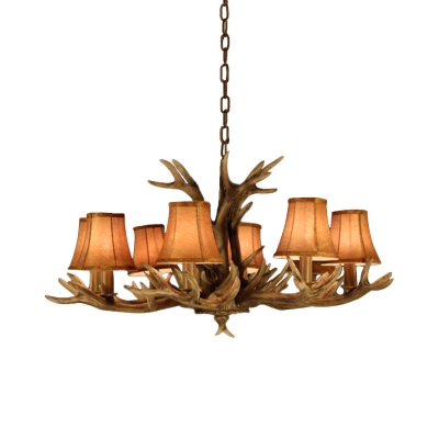 Brown Antler Chandelier Rural Resin 8 Lights Dining Room Pendant Lamp with Flared Fabric Shade