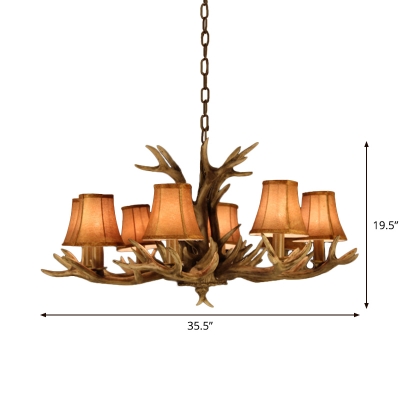 Brown Antler Chandelier Rural Resin 8 Lights Dining Room Pendant Lamp with Flared Fabric Shade