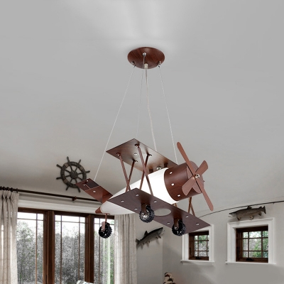 Coffee Turbine Biplane Chandelier Kids 1-Bulb Frosted White Glass Hanging Ceiling Light