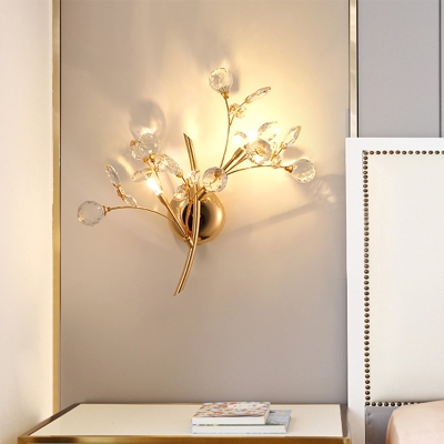 Gold Beaded Wall Mount Lighting Modern 2/3-Light Beveled Crystal Wall Light Sconce with Branch Design for Bedside