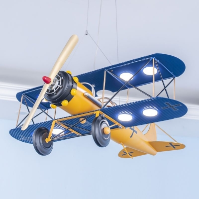 Metal Biplane Pendant Chandelier Kids Integrated LED Hanging Light Fixture in Yellow/Blue/Dark Blue-Yellow