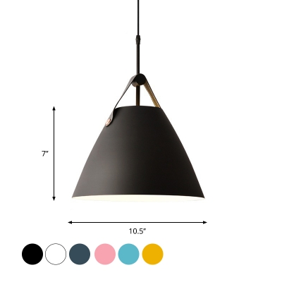 Pink/Blue/White Conic Suspension Lighting Macaron 1 Bulb Metal Ceiling Pendant with Leather Strap