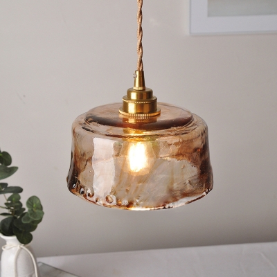 Single Amber Cloud Glass Pendant Light Antique Brass Short Cylinder Dining Table Hanging Light Fixture