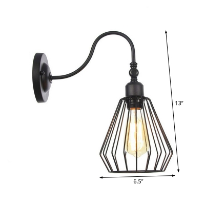1-Light Gooseneck Rotatable Wall Lighting Industrial Black Iron Reading Wall Lamp with Cylinder/Capsule Cage