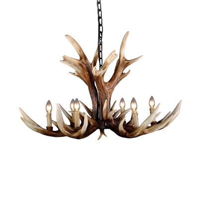 6/8-Head Exposed Bulb Designed Chandelier Rustic Brown Resin Antler Hanging Ceiling Light