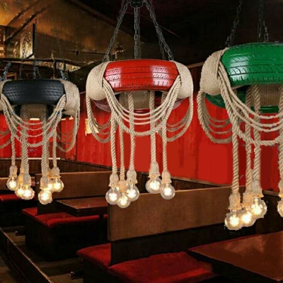 6 Lights Tyre Pendant Chandelier Loft Blue/Red/Green Hand-Wrapped Rope Hanging Ceiling Light