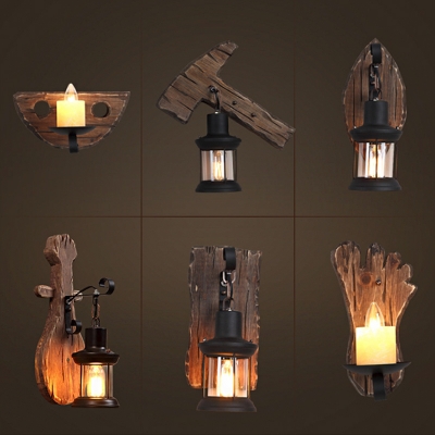 Ax/Foot Palm Shaped Wood Wall Lamp Fixture Cottage Single Corner Wall Lighting with Lantern/Candle Shade in Brown