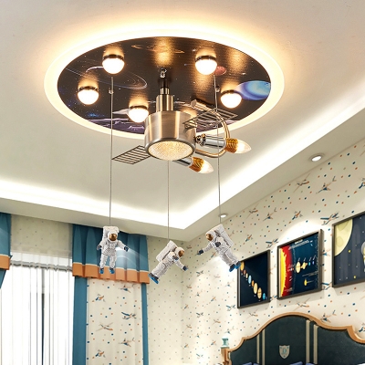 Black Space Station Flush Light Kids 9-Light Acrylic Ceiling Lighting with Hanging Spacemen