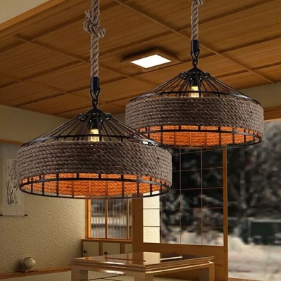 Conical Rope Pendant Light Kit Farmhouse 1-Light Restaurant Ceiling Hang Light in Brown, 12