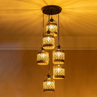 Crisscrossed Rope Birdcage Pendant Cottage 3/6 Lights Dining Room Multi Hanging Light in Brown with Round/Linear Canopy