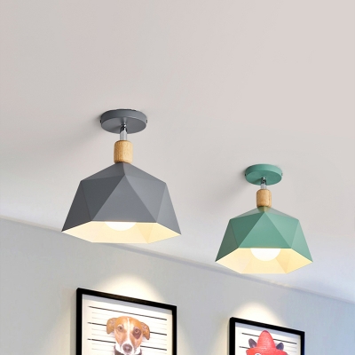 Faceted Shade Metal Ceiling Light Macaron 1 Head Grey/White/Green and Wood Semi Flush Mount with Adjustable Joint