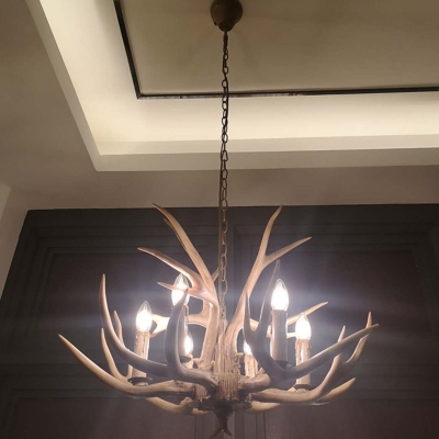 Faux Antler Foyer Ceiling Hang Light Country Resin 6 Heads Brown Chandelier Lamp
