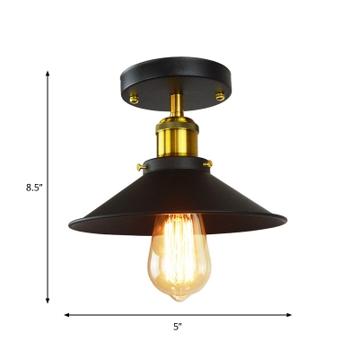Iron Black and Brass Flush Mount Conical 1 Bulb Industrial Semi Flush Ceiling Light Fixture
