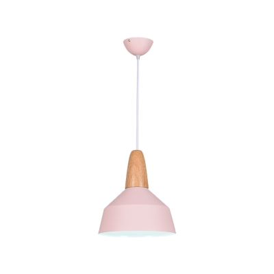 Nordic Barn Shade Drop Pendant Aluminum 1-Light Dining Room Ceiling Suspension Lamp in Black/Grey/Pink with Wood Top