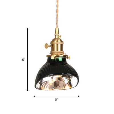 Retro Bowl/Cylinder Pendant Light Kit 1-Light Green Twisted/Wavy Glass Ceiling Hang Lamp in Brass for Bedroom
