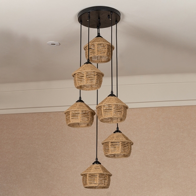 Rope Hut Cluster Pendant Light Farmhouse 3/6-Bulb Snack Bar Suspended Lighting Fixture in Brown, Round/Linear Canopy