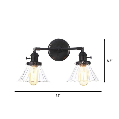 Rural Cone/Ball Wall Lamp Fixture 2 Bulbs Clear Ribbed Glass/Clear Glass Wall Lighting with Wavy/Linear Arm in Black