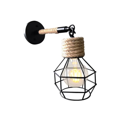 Versatile Rustic Caged Pendant Lighting 1 Bulb Iron Wall Mount Lamp with Hemp Rope in Brown