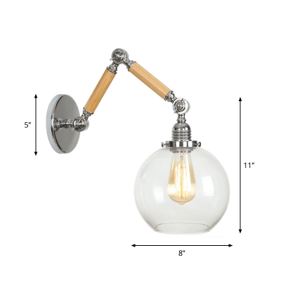 Wood 2-Arm Adjustable Wall Light Industrial 1-Light Dorm Room Wall Mount Lamp with Bell/Cone Clear Glass Shade in Brown