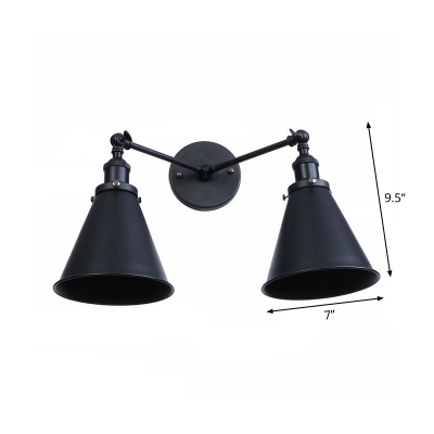 2 Heads Scalloped/Cone Wall Light Industrial Black Metallic Swing Arm Wall Mounted Lamp