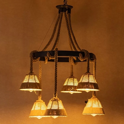 6 Bulbs Chandelier Lighting Farmhouse Living Room Ceiling Hang Light with Conic Hemp Rope Shade in Brown