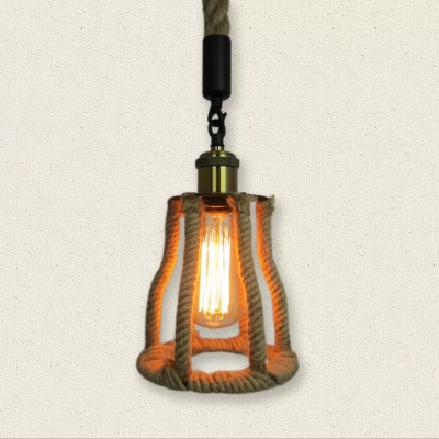 Bell Shaped Rope Suspension Lamp Countryside 1-Light Living Room Ceiling Hang Light in Brown