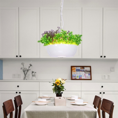 Black/White LED Ceiling Lamp Lodge Resin Round Pot Plant Hanging Light Kit for Terrace