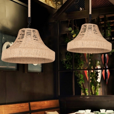Brown Flared Shade Pendulum Light Cottage Hemp Rope 1 Bulb Restaurant Pendant Light Kit