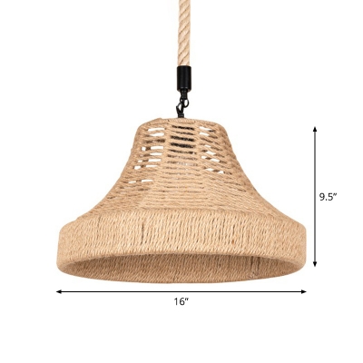 Brown Flared Shade Pendulum Light Cottage Hemp Rope 1 Bulb Restaurant Pendant Light Kit