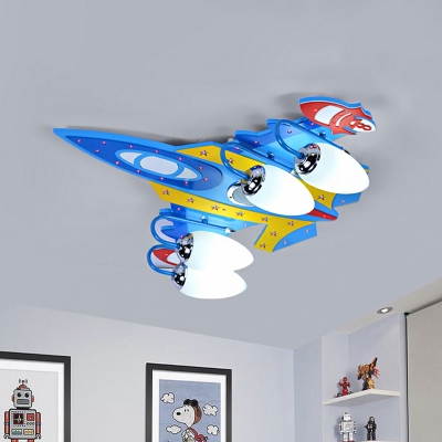 Fighter Jet Boys Bedroom Flushmount White Glass 4-Bulb Kids Ceiling Flush Light in Blue