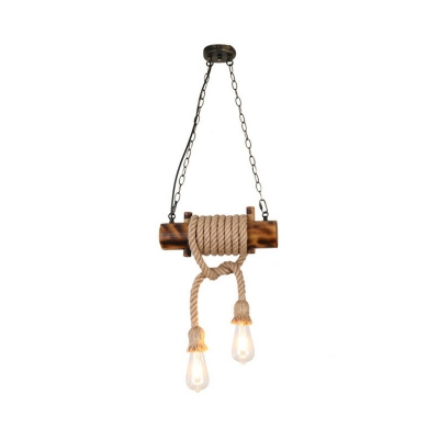 Hemp Wrapped Cylinder Chandelier Lodge Style 2 Bulbs Bistro Bare Bulb Design Drop Pendant in Brown
