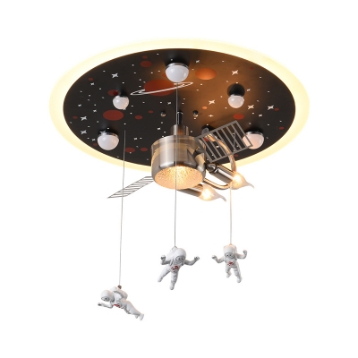 Kids Space Station Ceiling Lamp Resin 2 Bulbs Bedroom Flush Mount Light Fixture in Black with Astronomer Drop, 16