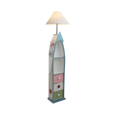 Mediterranean Cone Shade Floor Lamp Fabric 1 Head Bedroom Reading Floor Light with Boat-Shaped Cabinet in White