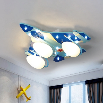 Plane Flush-Mount Light Fixture Cartoon Wooden 3-Light Blue Ceiling Lamp for Childrens Bedroom