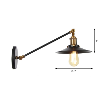 Swing Arm Iron Wall Mount Lamp Rustic 1-Light Living Room Reading Wall Light with Scalloped/Cone/Saucer Shade in Black