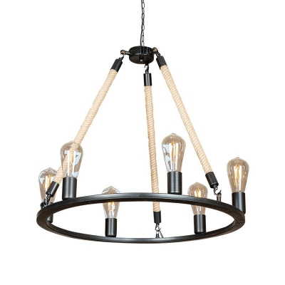 Wheel Country Bar Chandelier Lamp Loft Hemp Rope 6 Bulbs Black Hanging Light Fixture with Open Bulb Design