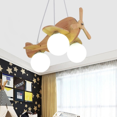 Wood Carved Plane Pendant Lamp Kid 3 Bulbs Beige Hanging Chandelier with Bubble Milk Glass Shade