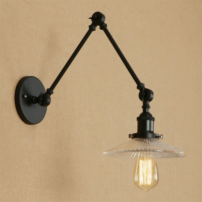 1 Bulb Clear Ribbed Glass Task Wall Light Farmhouse Black/Brass Saucer Shade Bedside Wall Mounted Lamp with Pivot Joint