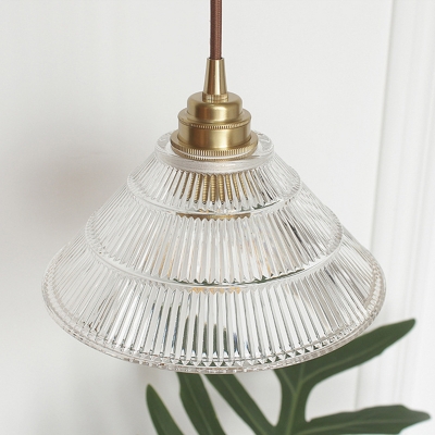 1-Bulb Conic Ceiling Pendant Lamp Industrial Clear Ribbed Glass Hanging Light for Bedroom